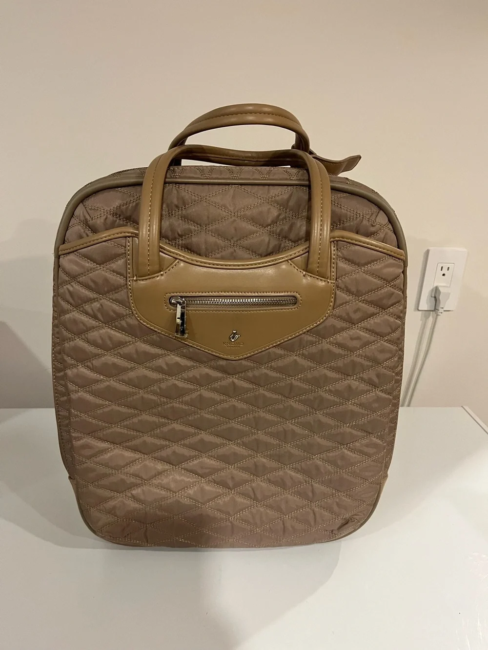 Quilted Travel Tote in Taupe with Tan Trim
